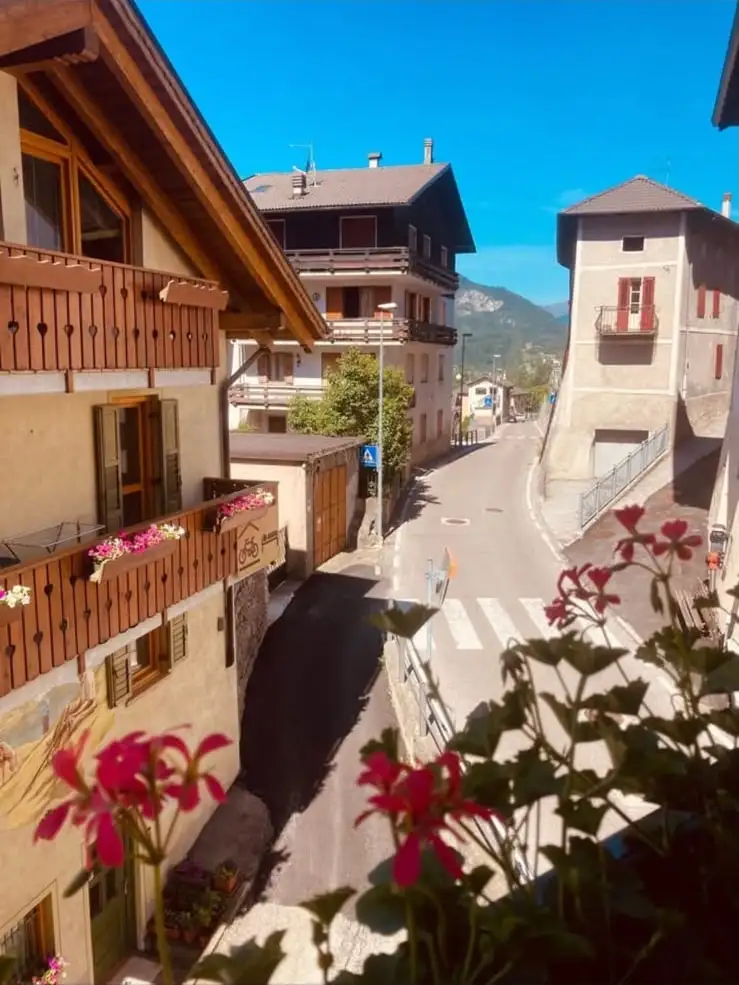 La strada del paese e i balconi della dependance, con i gerani in primo piano